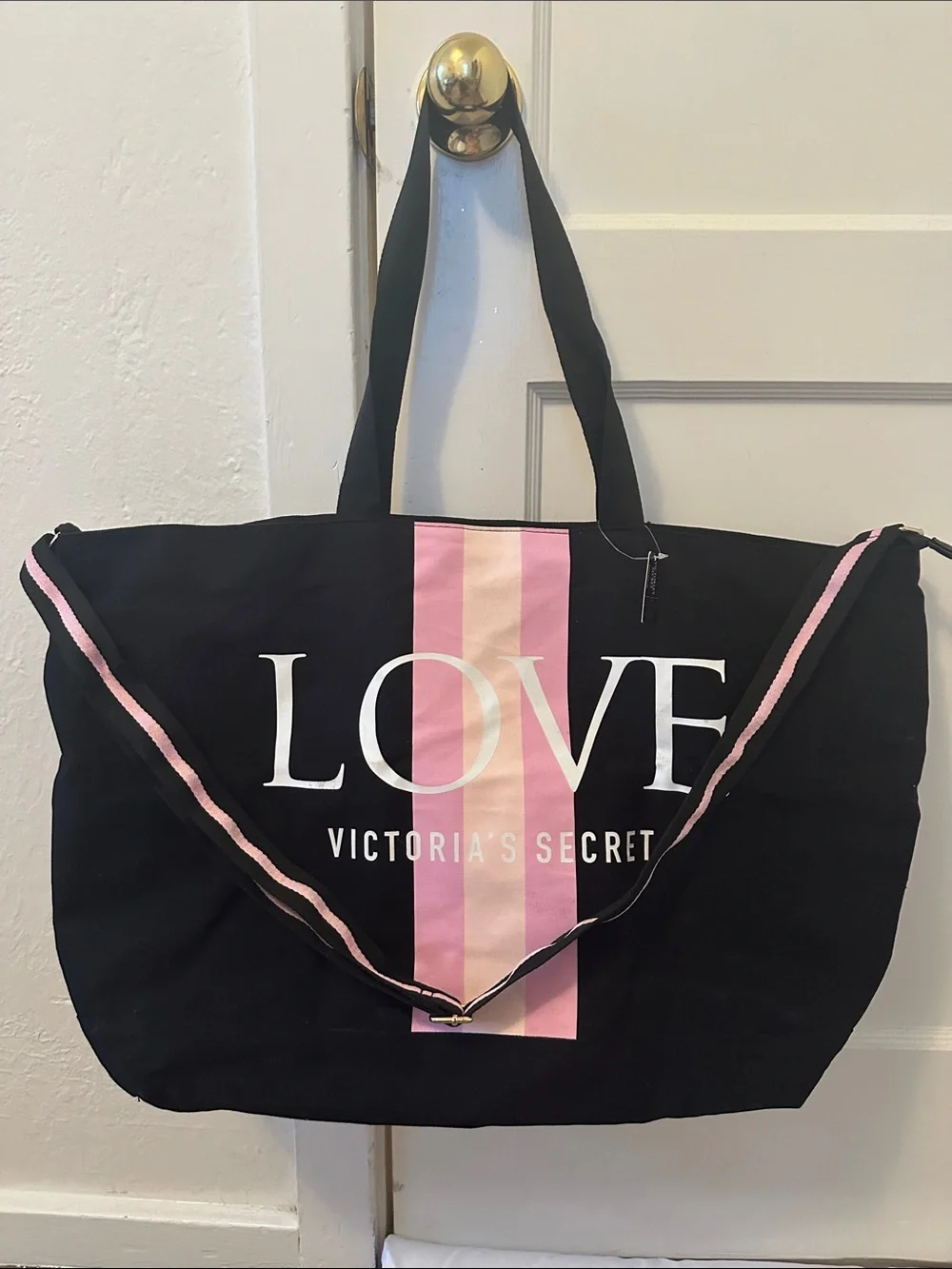 Victoria's Secret Black Tote with Pink Stripes and LOVE Logo